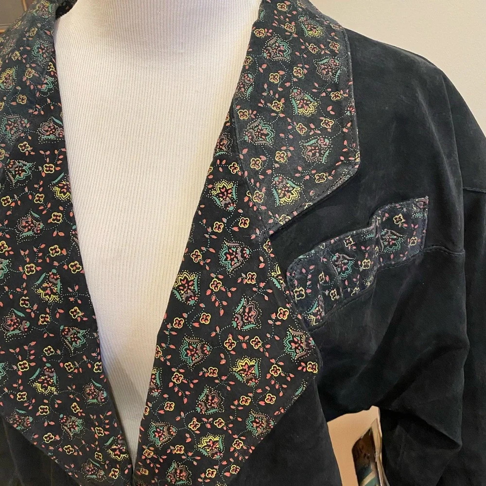 NWT Vintage Black Leather Suede Coat Blazer Paisley Trim Oversized M 90s Western